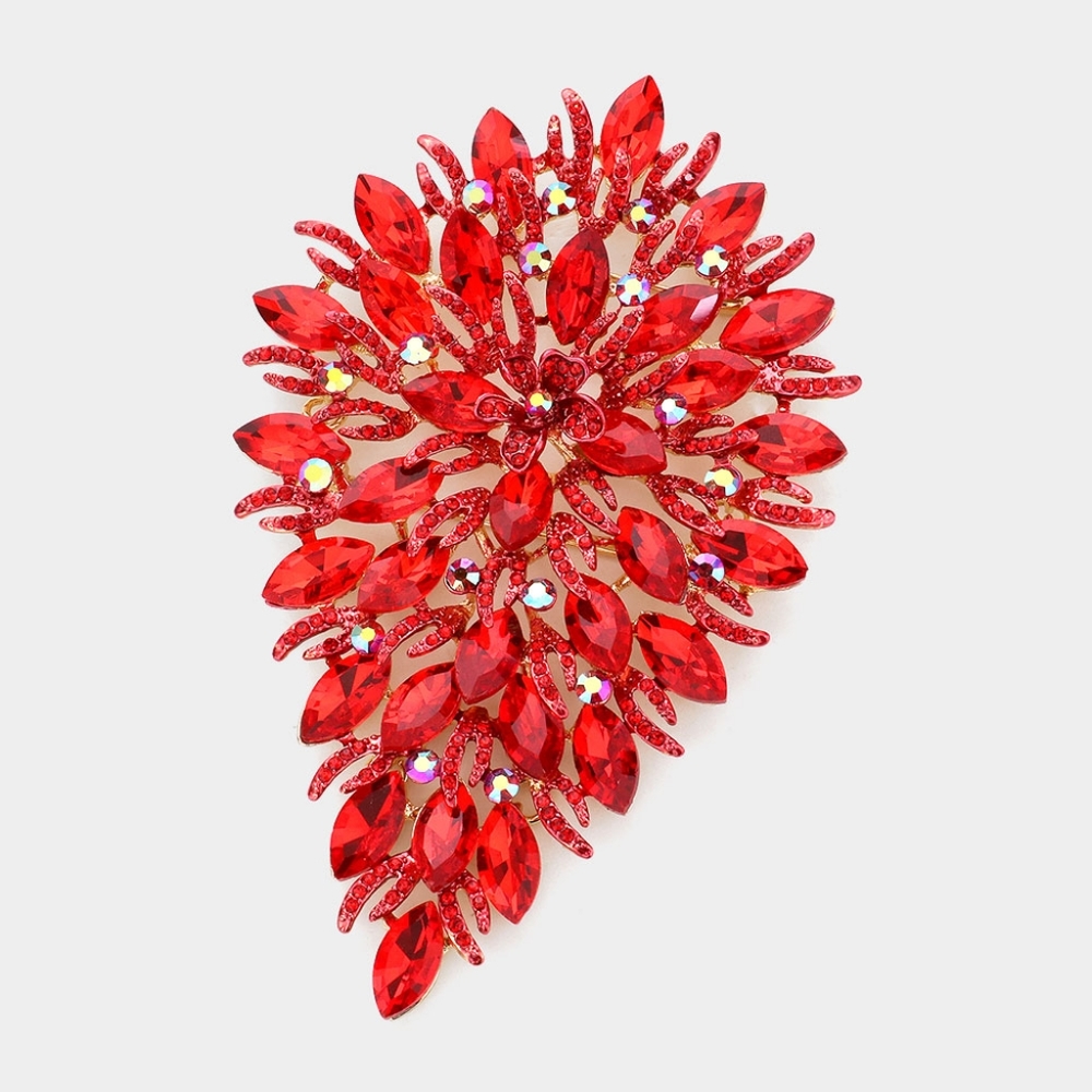 Red Rhinestone Crystal 5.75 Inch Bling Cluster Flower Vine Brooch Pin